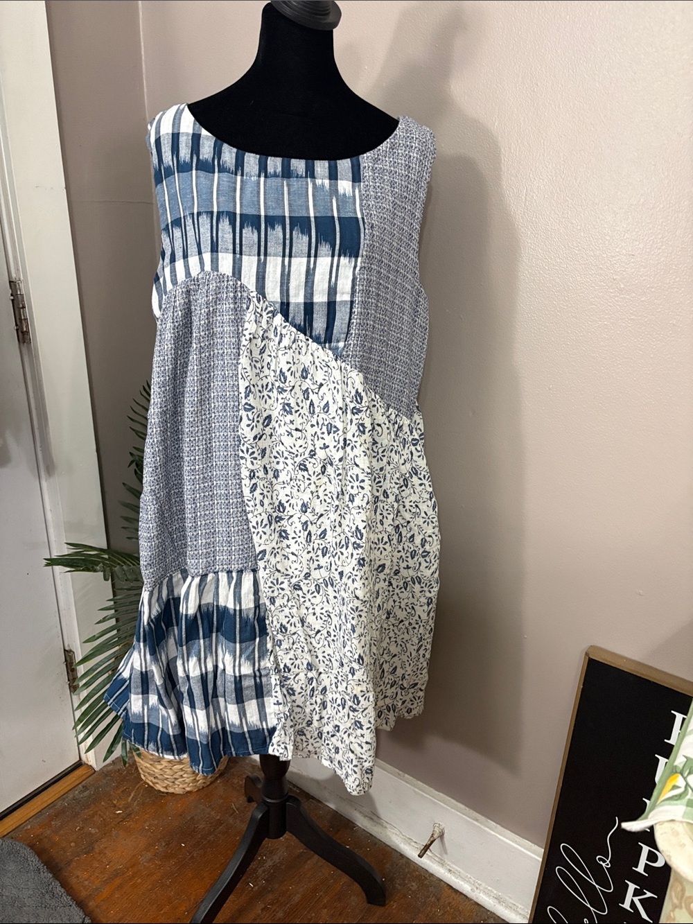 HOLDING HORSES Anthropologie Boho Blue & White Cotton Patchwork Midi Dress XL